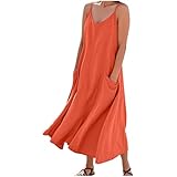 Abiti con spalline sottili per le donne Uk Abiti midi Abito A-Line Abito in cotone e lino Abito prendisole con scollo a V Sundresses senza maniche con tasche Lunghezza alla caviglia Prendisole Solido