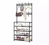 Appendiabiti con Scarpiera 60x26x152 cm, Guardaroba Salvaspazio in Metallo con 4 Ripiani e 9 Ganci, Stand Porta Giacche e Scarpe per Ingresso, Corridoio, Camera da Letto (nero)