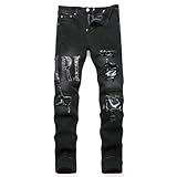 Jeans da Uomo Elasticizzati Strappati Tinta Unita Pantaloni Strappati Pantaloni Stretti per Il Tempo Libero,Nero,30