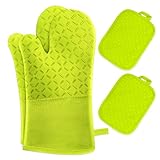 Set di 4 Guanti da Forno e Presine da Cucina - MILcea Guanti Forno Alta Temperatura Fino a 300°C, Silicone Antiscivolo, Morbido, Guanto da Forno Estesi per Cucinare, Grigliare, Cuocere, Verde