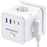BURNNOVE Multipresa Elettrica Cubo 4000W, 8 in 1 Presa USB da Parete con 2 Porta USB C, 2 Tipo A , 4 Schuko Prese AC, con Interruttore per Casa, Ufficio, Viaggi, Bianco