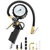 BURNNOVE Manometro per Pneumatici 220 PSI Manometro Pressione Gomme con 4 Tappi Valvola 2 Ugelli 1 Valvola Francese 1 Stelo di Prolunga in Metallo 90 Gradi per Auto Moto Biciclette