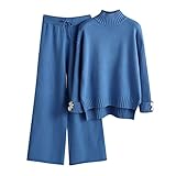 Tuta Maglia Donna Completo Elegante Set Tute in Maglia Due Pezzi Set Coordinato Tuta Casual Lavorati Maglione a Maniche Lunghe Pullover Top e Pantaloni a Gamba Larga Completi (Blue, One Size)