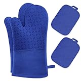 Set di 4 Guanti da Forno e Presine da Cucina - MILcea Guanti Forno Alta Temperatura Fino a 300°C, Silicone Antiscivolo, Morbido, Guanto da Forno Estesi per Cucinare, Grigliare, Cuocere, Blu
