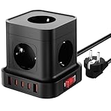 BURNNOVE Presa Multipresa Cubo USB 10 in 1, 5 Prese AC + 2 Porte USB A + 3 USB C, Adattatore da Viaggio 4000W, Cavo da 2m, Ciabatta con Interruttore per Smartphone Casa Ufficio, Nero