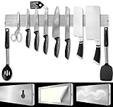 Homefer Portacoltelli magnetico in acciaio inox da 16 pollici per parete con funzionalità multiuso. Coltello striscia magnetica per organizzare utensili da cucina con ganci laterali extra