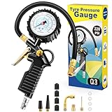 BURNNOVE Manometro per Pneumatici 220 PSI Manometro Pressione Gomme con 4 Tappi Valvola 2 Ugelli 1 Valvola Francese 1 Stelo di Prolunga in Metallo 90 Gradi per Auto Moto Biciclette