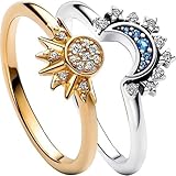 Anello da donna sole e luna, brillante insieme anello sovrapposto sole e luna, ideale per le donne, Acciaio inossidabile, Zircone sintetico